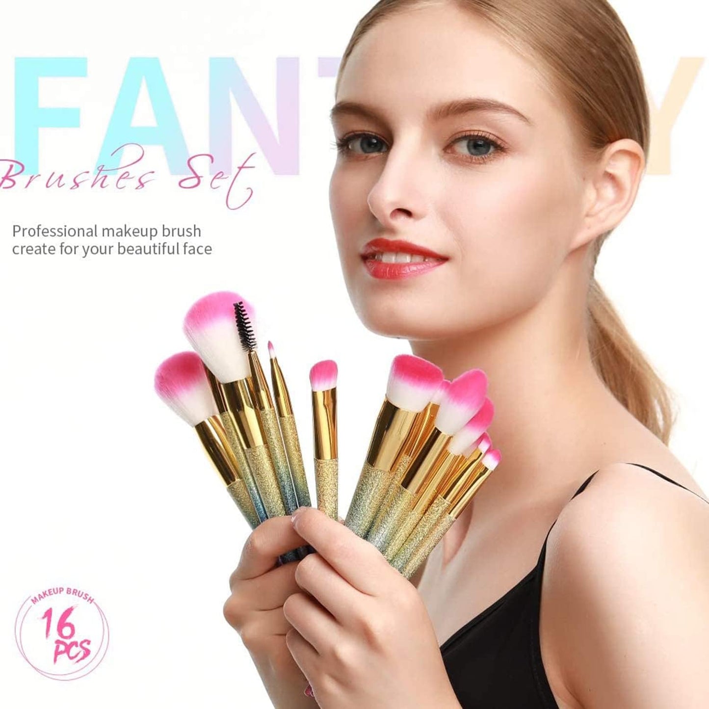 16Pcs Makeup Brushes Set, Professional Make up Brushes with Rainbow Box, Foundation Eyebrow Concealer Eyeshadow Bronzer Blush Contour Powder Eyeline Lip Makeup Brush Set