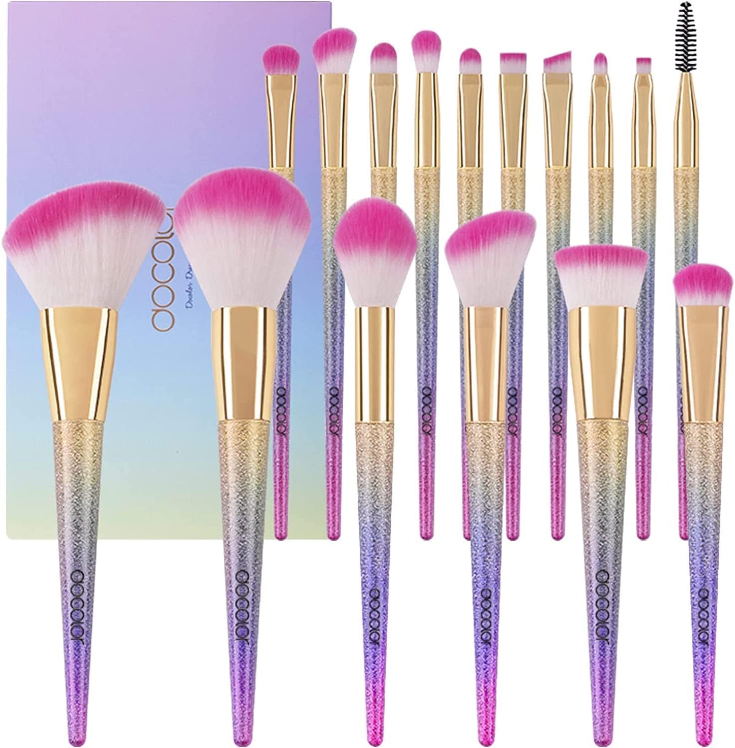 16Pcs Makeup Brushes Set, Professional Make up Brushes with Rainbow Box, Foundation Eyebrow Concealer Eyeshadow Bronzer Blush Contour Powder Eyeline Lip Makeup Brush Set