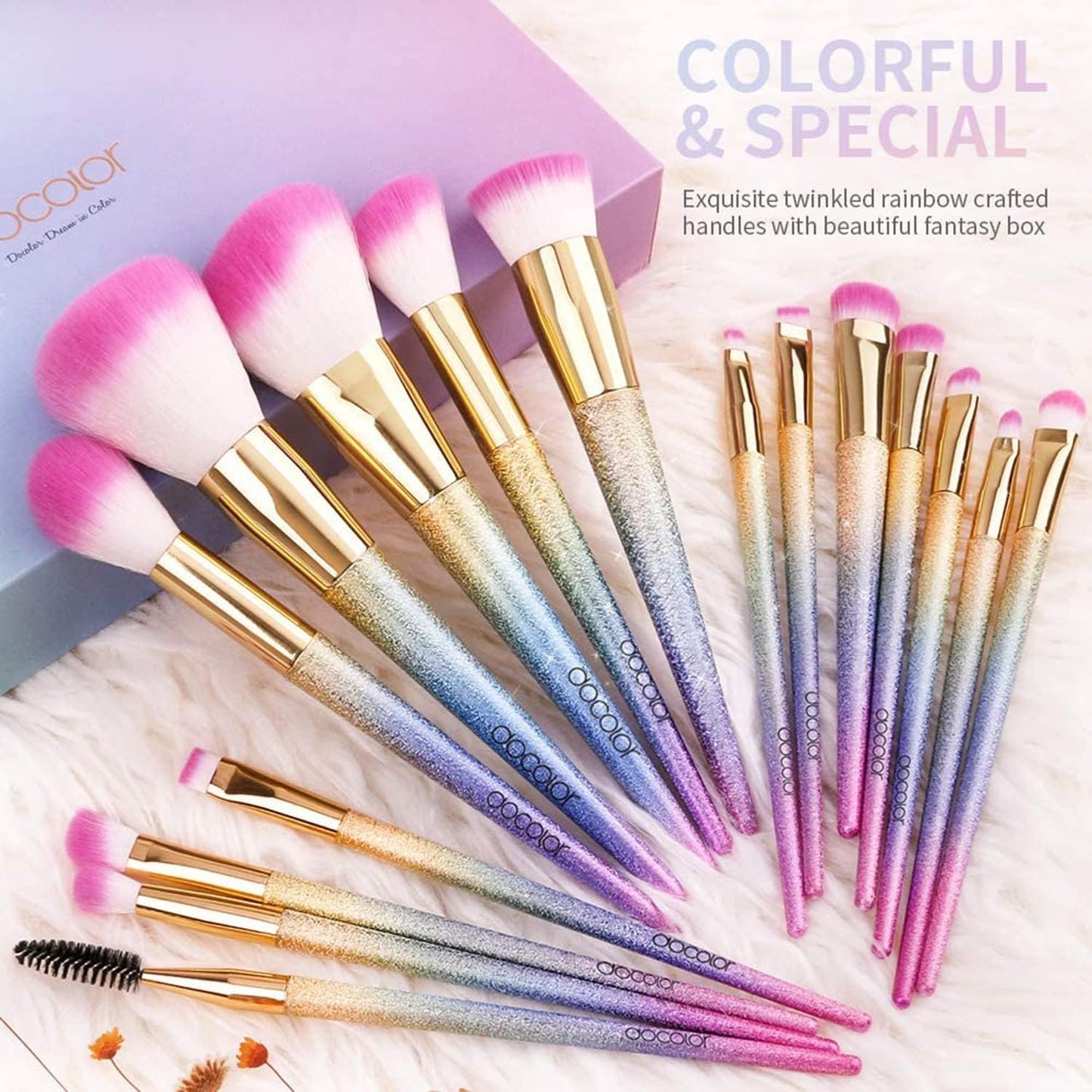 16Pcs Makeup Brushes Set, Professional Make up Brushes with Rainbow Box, Foundation Eyebrow Concealer Eyeshadow Bronzer Blush Contour Powder Eyeline Lip Makeup Brush Set
