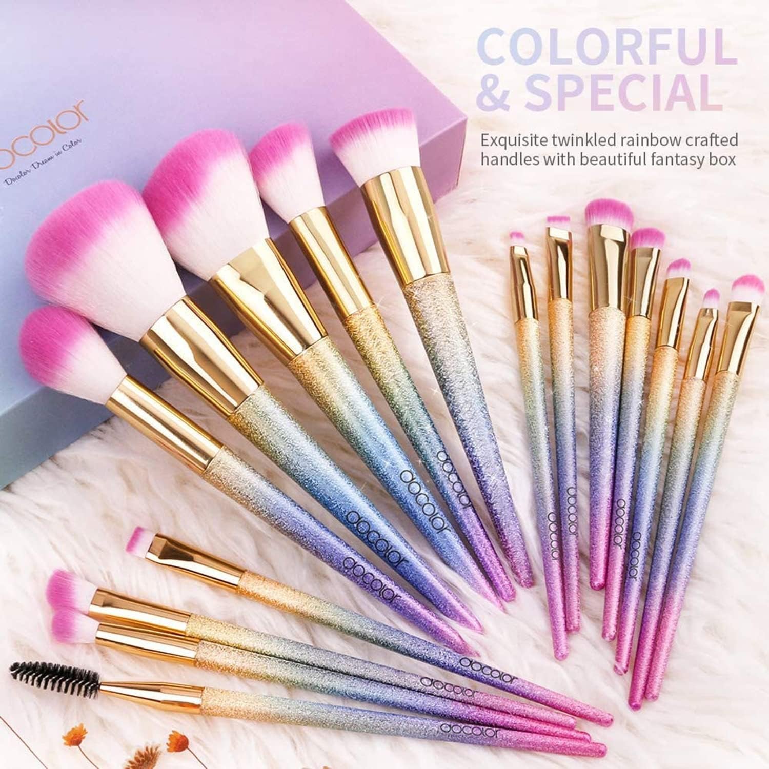 16Pcs Makeup Brushes Set, Professional Make up Brushes with Rainbow Box, Foundation Eyebrow Concealer Eyeshadow Bronzer Blush Contour Powder Eyeline Lip Makeup Brush Set