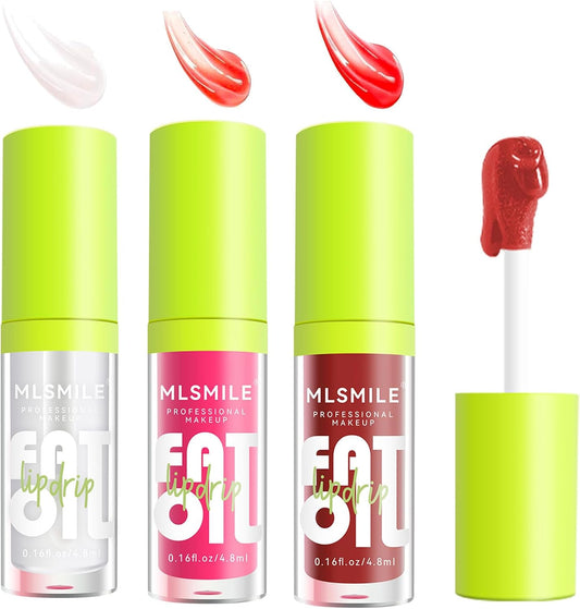 3PCS Fat Lip Oil Lip Oil Set Long Lasting Lip Oil Light Lip Gloss Set - Glitter Liquid Lip Gloss - Moisturizing Tinted Lip Gloss Lip Plumper Lip Balm High-Shine, Plumps, Hydrating, Nourishing